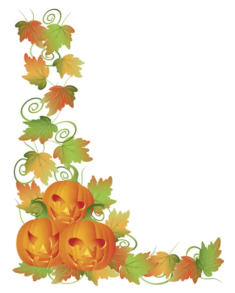 Calabazas de Halloween talladas y viñedos Border Illustration — Vector de stock