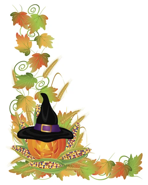 Calabaza de Halloween Jack-O-Linterna y viñedos Border Illustration — Vector de stock