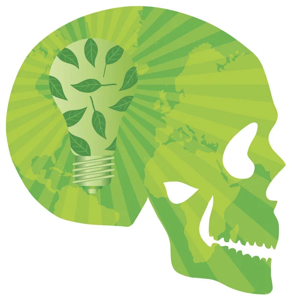 Skull Think Green with Lightbulb Illustration — Stock Vector
