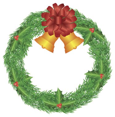 Kırmızı yay ve çan çizim ile Noel çelenk