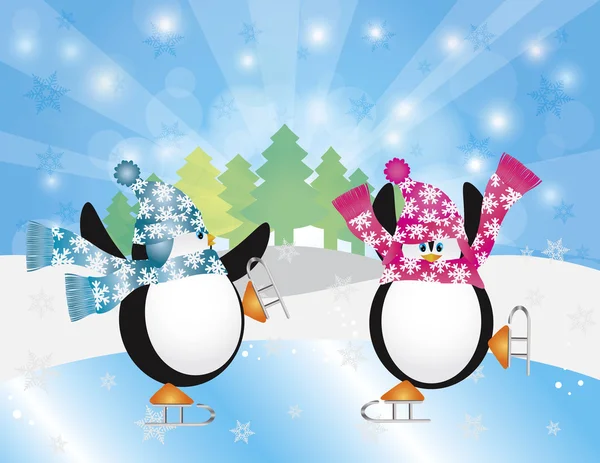 Penguins Pair Ice Skating in Winter Scene Illustration — Stock Vector