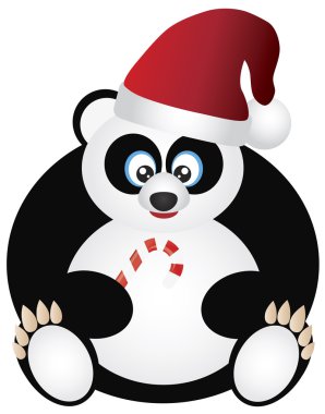 Santa şapka ve şeker kamışı ile oturan panda