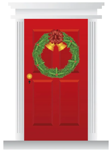 Karácsonyi koszorú lóg ábrán piros ajtó — Stock Vector