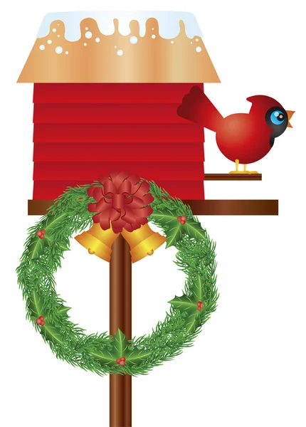 Χριστούγεννα birdhouse με εικονογράφηση Καρδινάλιος και στεφάνι — Διανυσματικό Αρχείο