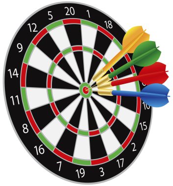 Dartboard with Darts Hitting the Bullseye clipart