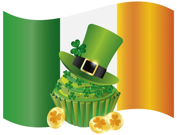 Bandera de Irlanda con Monedas de Cupcake Sombrero y Trébol — Vector de stock