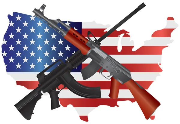 Rifles de asalto con Estados Unidos Mapa Ilustración de la bandera — Vector de stock