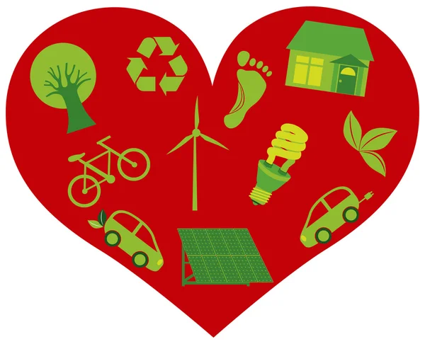 Coeur rouge avec des icônes écologiques Illustration — Image vectorielle