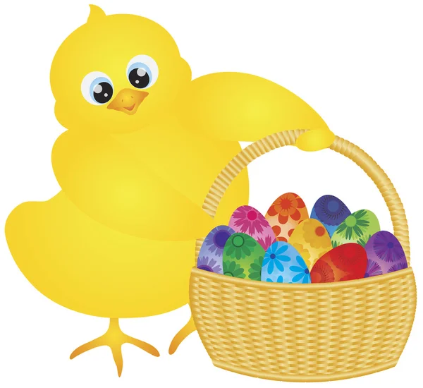 Easter Chick with Basket of Floral Eggs — Stock Vector