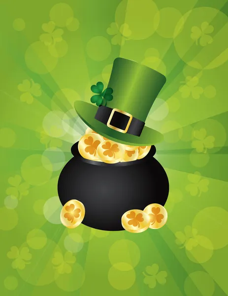 St Patricks Leprechaun Sombrero en la olla de fondo de oro — Vector de stock