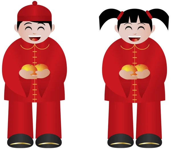 Chinesische Jungen und Mädchen mit Mandarinen — Stockvektor