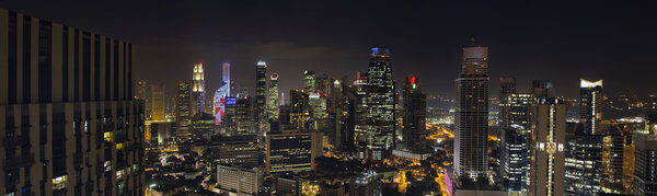 Singapore City Skyscrapers Skyline in Central Business District and Chinatown Panorama at Night