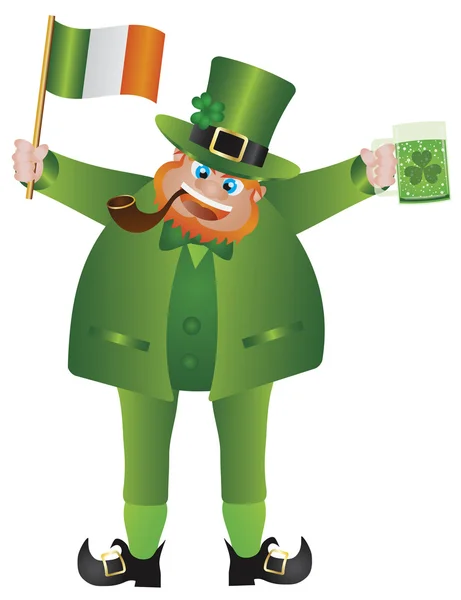 St Patricks Leprechaun com bandeira e cerveja — Vetor de Stock