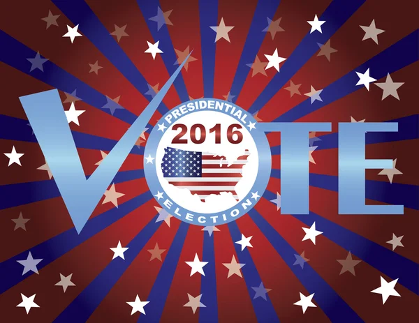 Hlasujte 2016 červené bílé a modré hvězdy sluneční paprsky — Stockový vektor