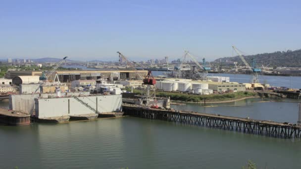 Industrial Shipyard with Moving Cranes in Swan Island Oregon 1920x1080 — Stock Video