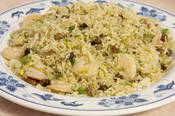 Kinesiska stekt ris med fläsk barbeque och räkor närbild — Stockfoto