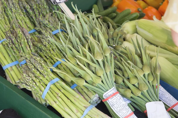 Knoflook spears en asperges bundels — Stockfoto