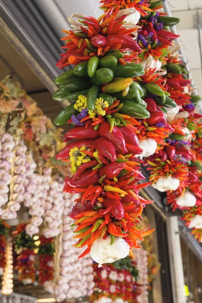 Coloridos chiles picantes y racimos de ajo — Foto de Stock