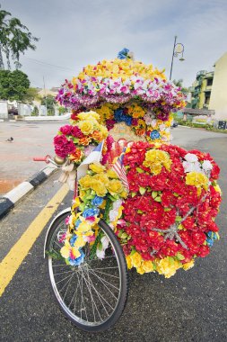 malacca, yol kenarında park etmiş trishaw