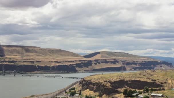 Columbia River Gorge with Sam Hill Memorial Highway Bridge Clouds and Sky Time Lapse in Maryhill Washington State 1920x1080 — Stock Video