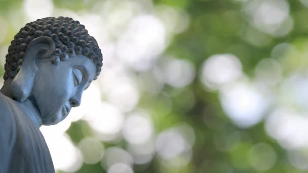 Estátua Esculpida de Buda de Bronze em Meditação Sentado Tradicional Pose contra Verde Brilhante Fora do Foco Bokeh Fundo Desfocado 1080p — Vídeo de Stock