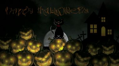 mutlu halloween metin oyulmuş kabak, kara kedi, yığınları ile kesiştiği, ürkütücü ev ve ayın doğuşu 1080p