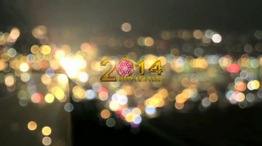 renkli parlak şehir bokeh ve yanıp sönen ışıklar arka plan üzerinde kırmızı kar tanesi süsleme ile 2014 sene metin