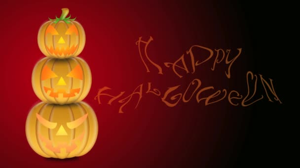 Flackerndes Kerzenlicht in gestapelten geschnitzten Kürbissen mit fröhlichem Halloween-Text auf rotem und schwarzem Hintergrund 1920x1080 — Stockvideo