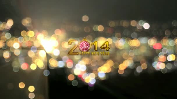 2014 Happy New Year Text cu ornament roșu fulg de zăpadă pe fundal colorat spumant City Bokeh și lumini intermitente — Videoclip de stoc