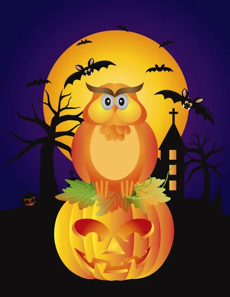Búho de Halloween calabaza y murciélagos ilustración — Vector de stock