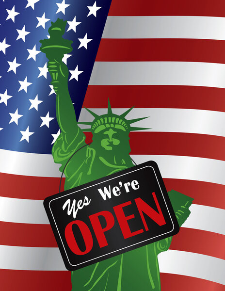 Government Shutdown We Are Open Sign with US Flag