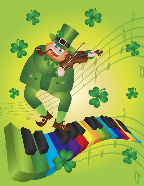 St Patricks Day Leprechaun Dancing on Piano Keyboard — Stock Vector