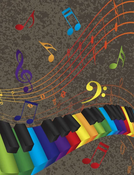 Frontera ondulada de piano con claves coloridas 3D y nota musical — Vector de stock