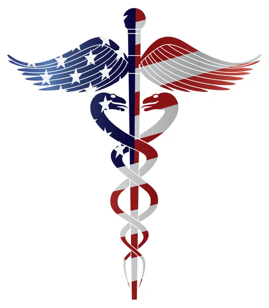 Symbole médical Caduceus avec illustration du drapeau américain — Image vectorielle