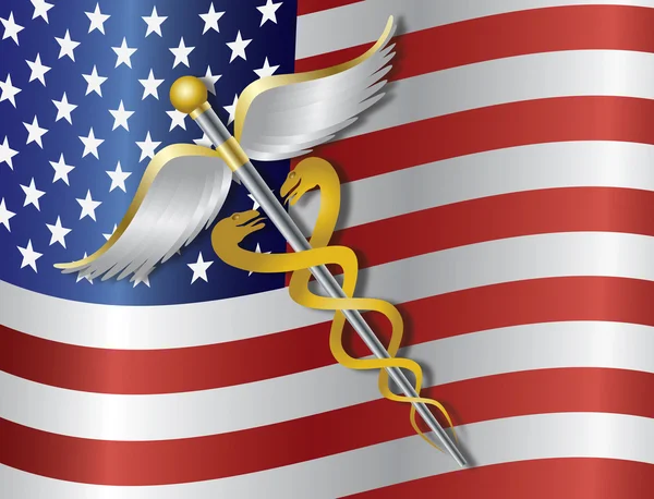 Símbolo Médico Caduceus con Bandera USA Fondo Ilustración — Vector de stock
