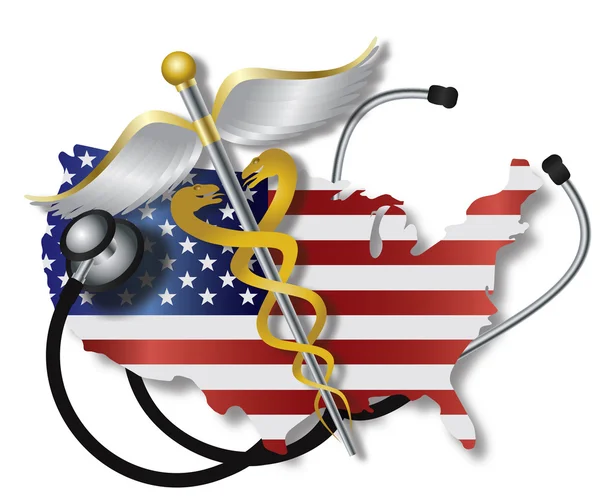 Stetoscopio con mappa della bandiera USA e caduceo — Vettoriale Stock
