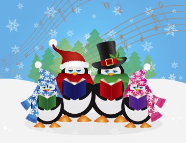 Penguenler Noel şarkıcıları sahne illüstrasyon kar