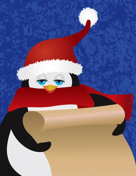 Pinguin-Weihnachtsmann mit Schriftrollen-Illustration — Stockvektor