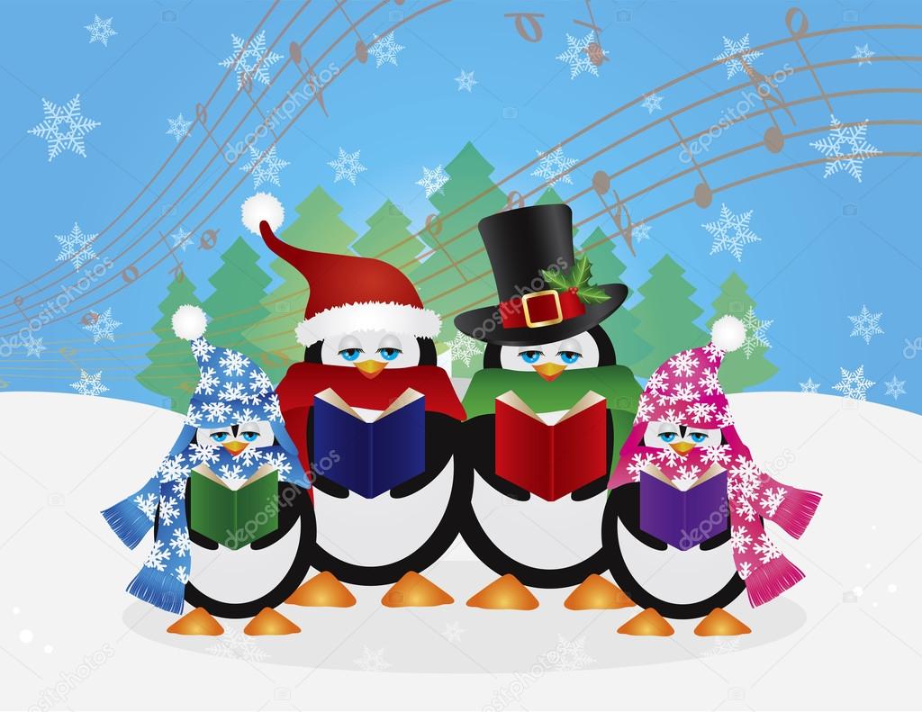 Penguins Christmas Carolers Snow Scene Illustration