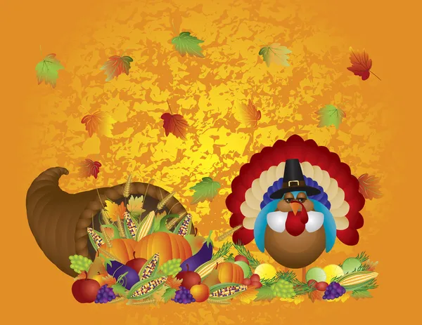 Fiesta del Día de Acción de Gracias Cornucopia Peregrino de Turquía con Antecedentes — Archivo Imágenes Vectoriales