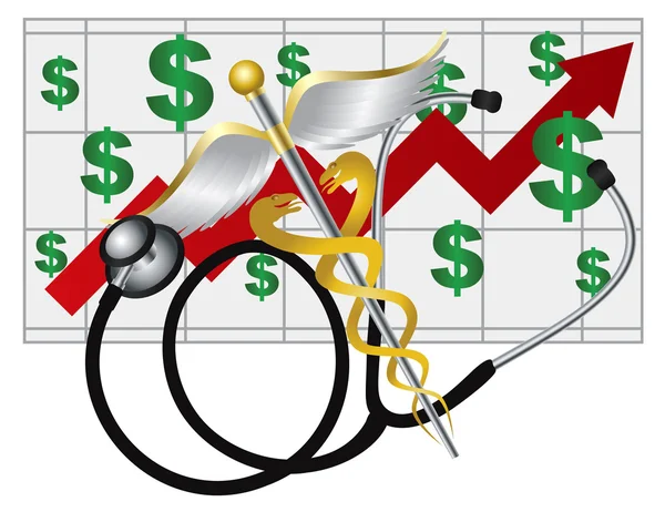 Estetoscopio Caduceo con gráfico de aumento de costes sanitarios — Vector de stock
