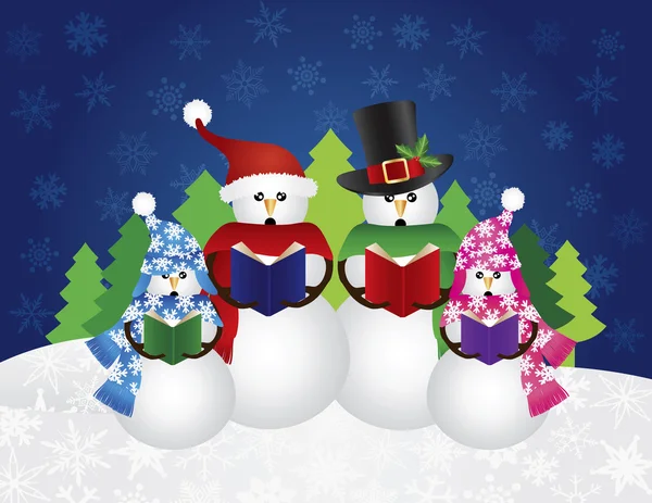 Snowman christmas carolers sneeuw scène illustratie — Stockvector