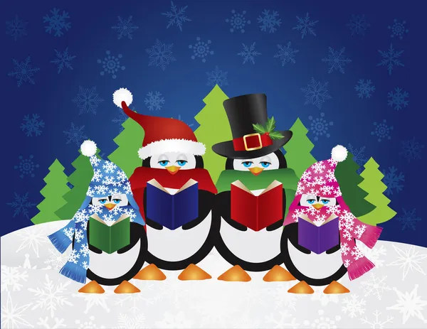Pingwiny kolędników z noc zimowa scena — Wektor stockowy
