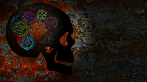 Pièces mécaniques rouillées colorées tournant et se déplaçant dans une silhouette de crâne humain sur un fond de texture grunge avec éclairage et ombres 1920x1080 — Video