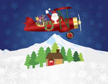 Noel Baba ile çift kanatlı üzerinde gece kar sahnesinde sunar