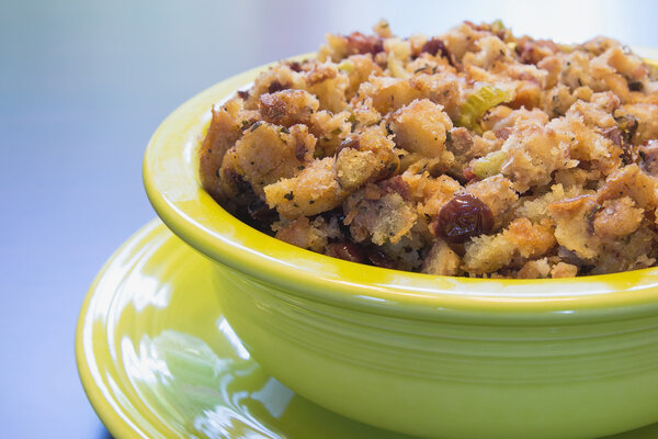 Turkey Stuffing in Green Bowl Closeup