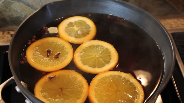 Sidra de manzana con clavo de olor rodajas de naranja y palos de canela de cocina sobre la estufa de gas 1080p — Vídeo de stock