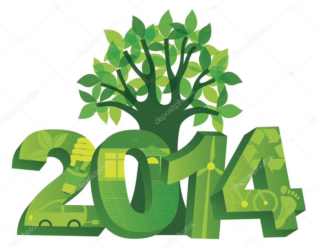 2014 Go Green with Symbols and Tree Illustration