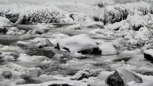 Вода течет вдоль реки Латурелл в глубокой заморозке зимой 1920x1080 — стоковое видео
