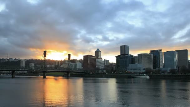 Portland Oregon Downtown City Skyline with Moving Clouds and Sunrays Time Lapse 1080p — Stock Video